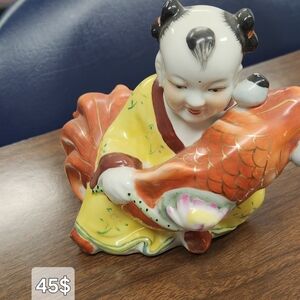 Porcelain Figurine of Child with Orange Koi - Decorative Home Art